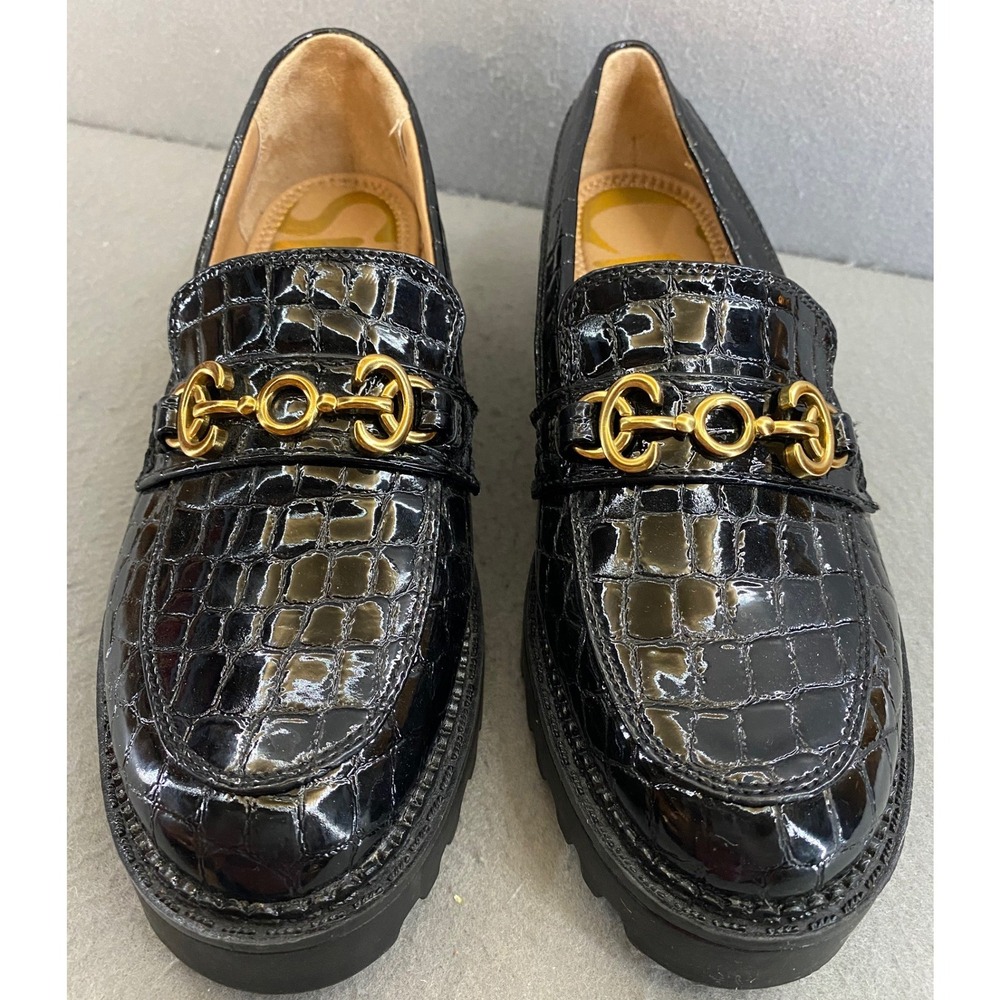 Circus Sam Edelman Womens 7 Black Croc Patent Lug Sole Platform Horsebit Loafers